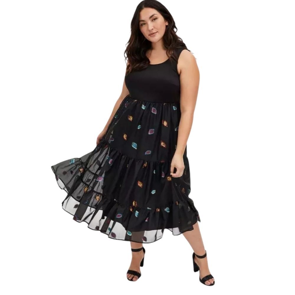 Torrid Black Feather Tulle & Scuba Tiered Tea Length Dress Size 3 3x